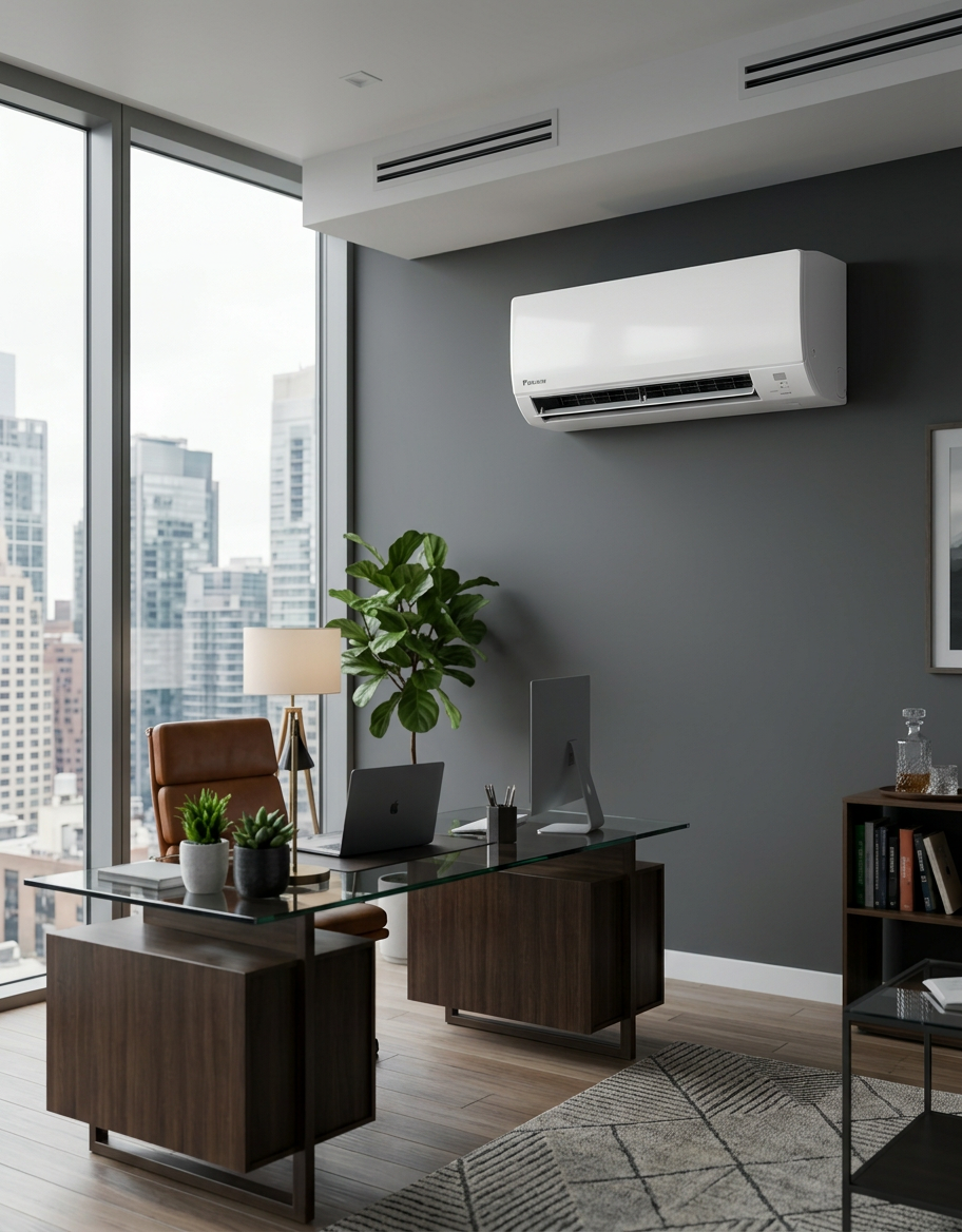 Office with glass desk, laptop, chair, plants, and Daikin air conditioner mounted on gray wall